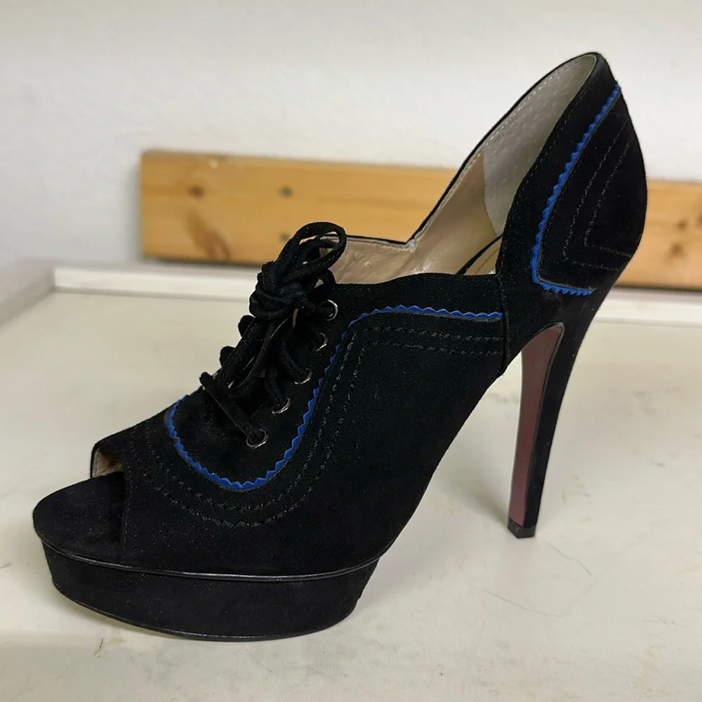 Paris Hilton Royal Black Blue Suede Peep Toe Lace Up 5 Inch Stilettos Heels 8M